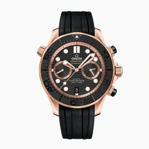 Omega Seamaster chronograph rose gold replica 210.62.44.51.01.001, rose gold tone case, black wave dial, black rubber strap