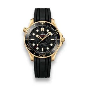 James Bond Omega Seamaster 300 replica, gold tone case, black gun barrel dial, black bezel, black rubber strap
