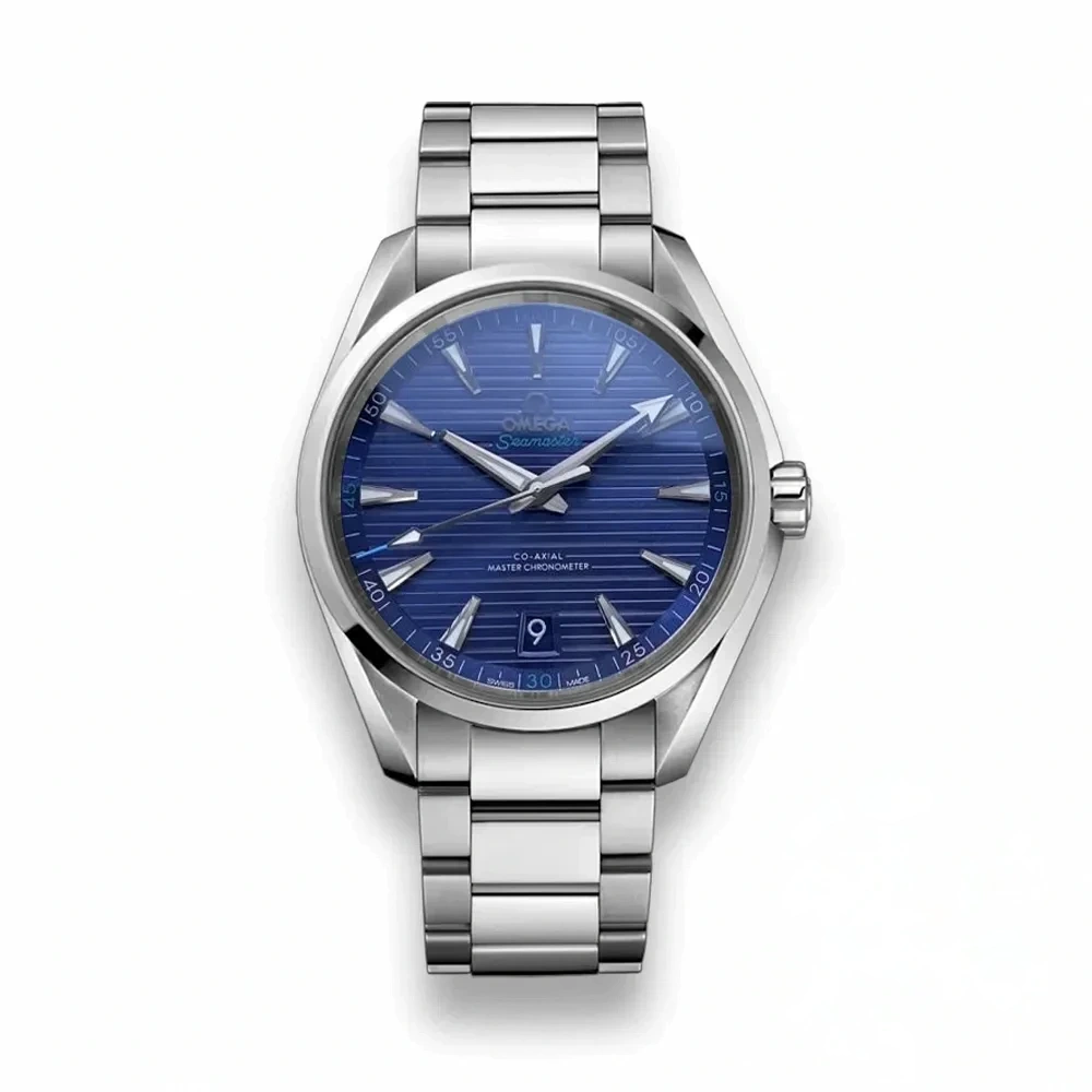 Omega Aqua Terra 41mm blue replica 220.10.41.21.03.001, blue teak dial, light blue script, date at 6
