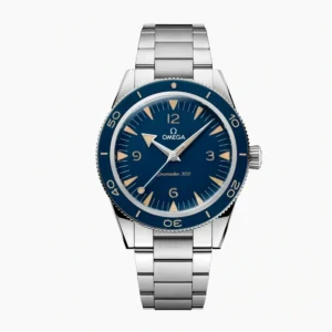Omega Seamaster 300 blue replica 233.90.41.21.03.001, silver tone case, blue dial with beige numerals, blue bezel