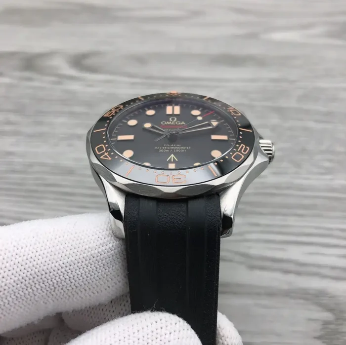 Low view of the dial held in a white glove