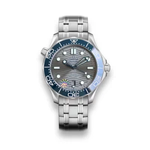 Omega Seamaster grey dial replica 210.30.42.20.06.001, grey wave dial, blue bezel, hologram sticker on the crystal, bracelet