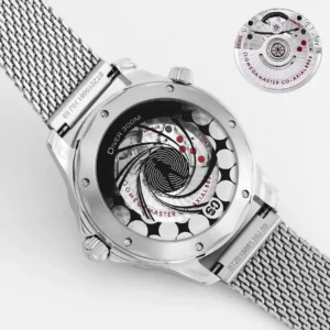 Caseback with a gun barrel pattern over the movement