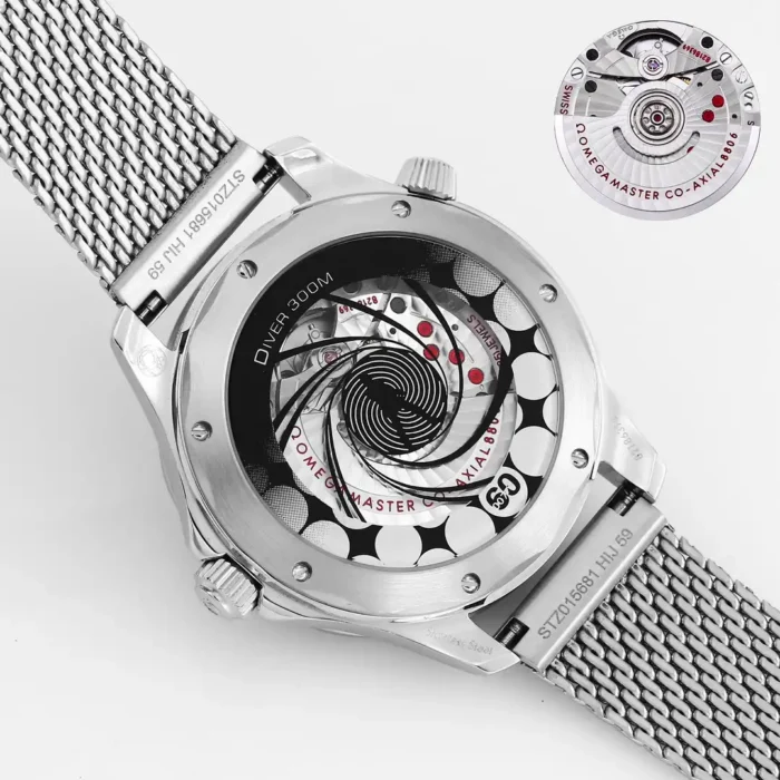 Caseback with a gun barrel pattern over the movement