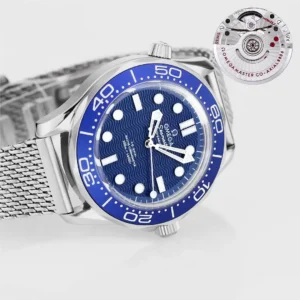 Blue dial and bezel tilted to the left over the mesh bracelet