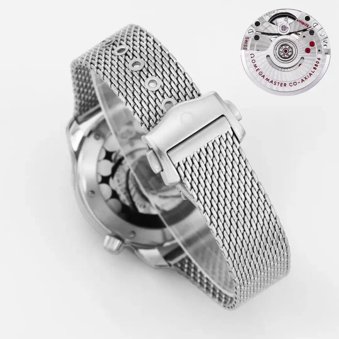 Mesh bracelet clasp and clear back, movement inset in the corner