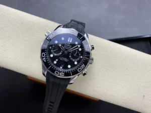 Black dial chronograph on a cushion, wide view from the left