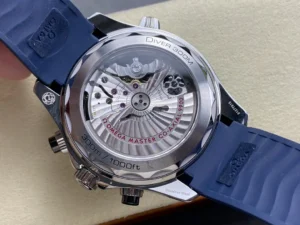 Clear caseback showing the rotor, blue strap around the case