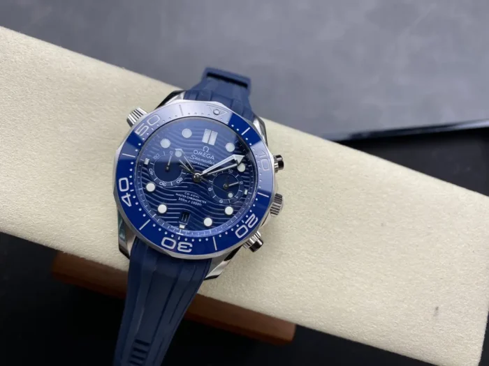 Blue chronograph on a cushion with the blue rubber strap