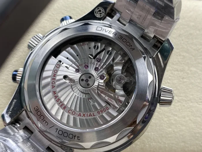 Clear caseback showing the rotor and movement bridges