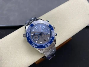 Grey dial chronograph on a cushion, seen from the left