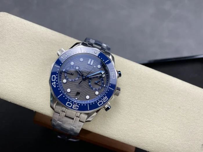 Blue bezel chronograph on a cushion, wide view