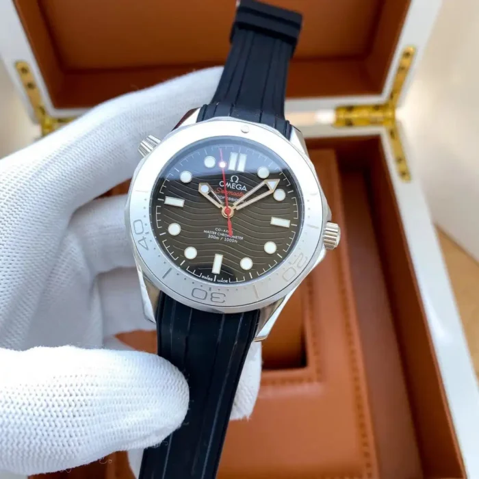 Omega Seamaster Diver 300M with grey bezel on black rubber, front view