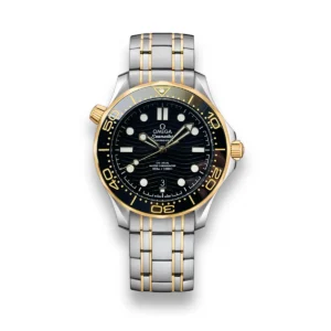 Omega Seamaster two tone black dial replica 210.20.42.20.01.002, yellow gold tone bezel ring and centre links, black bezel