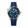 Omega Seamaster Diver 300M blue rubber replica 210.22.42.20.03.001, studio front view with blue wave dial and blue bezel