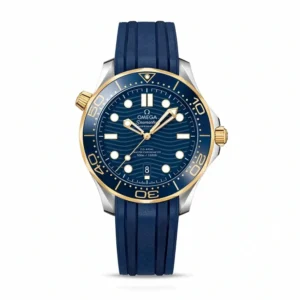 Omega Seamaster Diver 300M blue rubber replica 210.22.42.20.03.001, studio front view with blue wave dial and blue bezel