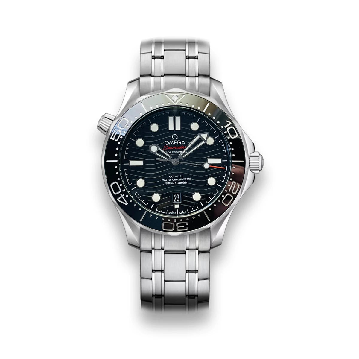 Omega Seamaster 300M black dial replica 210.30.42.20.01.001, black wave dial, red Seamaster script, black bezel, bracelet
