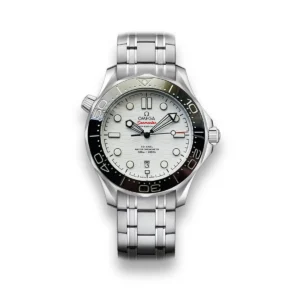 Omega Seamaster 300M white dial replica 210.30.42.20.04.001, white wave dial with red Seamaster script, black bezel