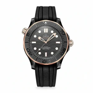 Omega Seamaster black Sedna gold replica 210.62.44.20.01.001, black case with rose gold tone accents, black wave dial