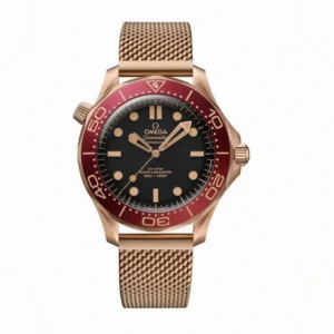 Omega Seamaster bronze gold replica 210.90.42.20.01.003, bronze gold tone case and mesh, burgundy bezel, dark brown dial
