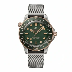 Omega Seamaster green mesh replica 210.90.42.20.10.001, grey tone case, bronze tone bezel ring, green dial and bezel