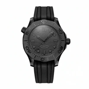 Omega Seamaster Black Black replica 210.92.44.20.01.003, all black case, dial with raised waves, black rubber strap