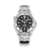 Omega Seamaster Professional 2261.50 replica, black wave dial, scalloped silver tone bezel, date at 3, skeleton hands, bracelet