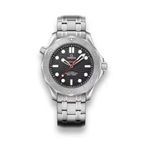 Omega Seamaster grey bezel replica, black wave dial, brushed grey bezel, red seconds hand, bracelet