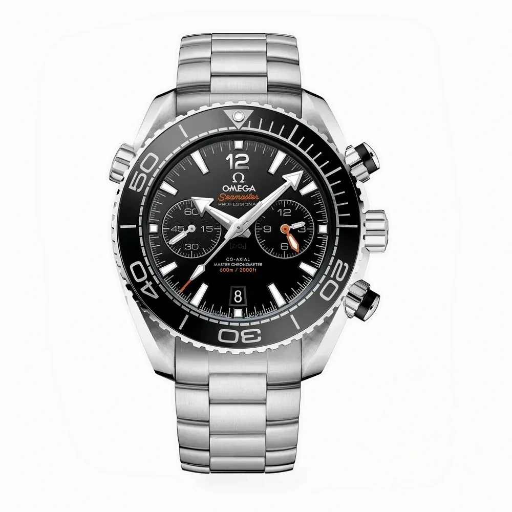 Omega Planet Ocean chronograph black replica 215.30.46.51.01.001, black dial and bezel, orange chronograph hand