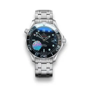 Omega Seamaster Professional replica, black dial, black bezel, date at 3, hologram sticker on the crystal