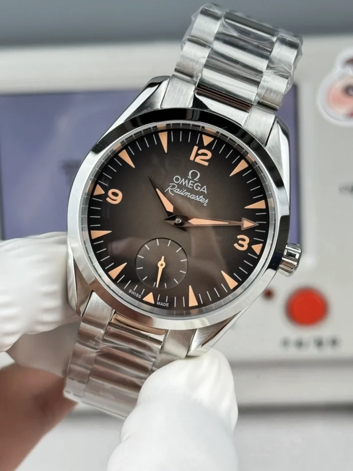 Omega Seamaster Railmaster 235.16.38.20.13.004 front view in hand