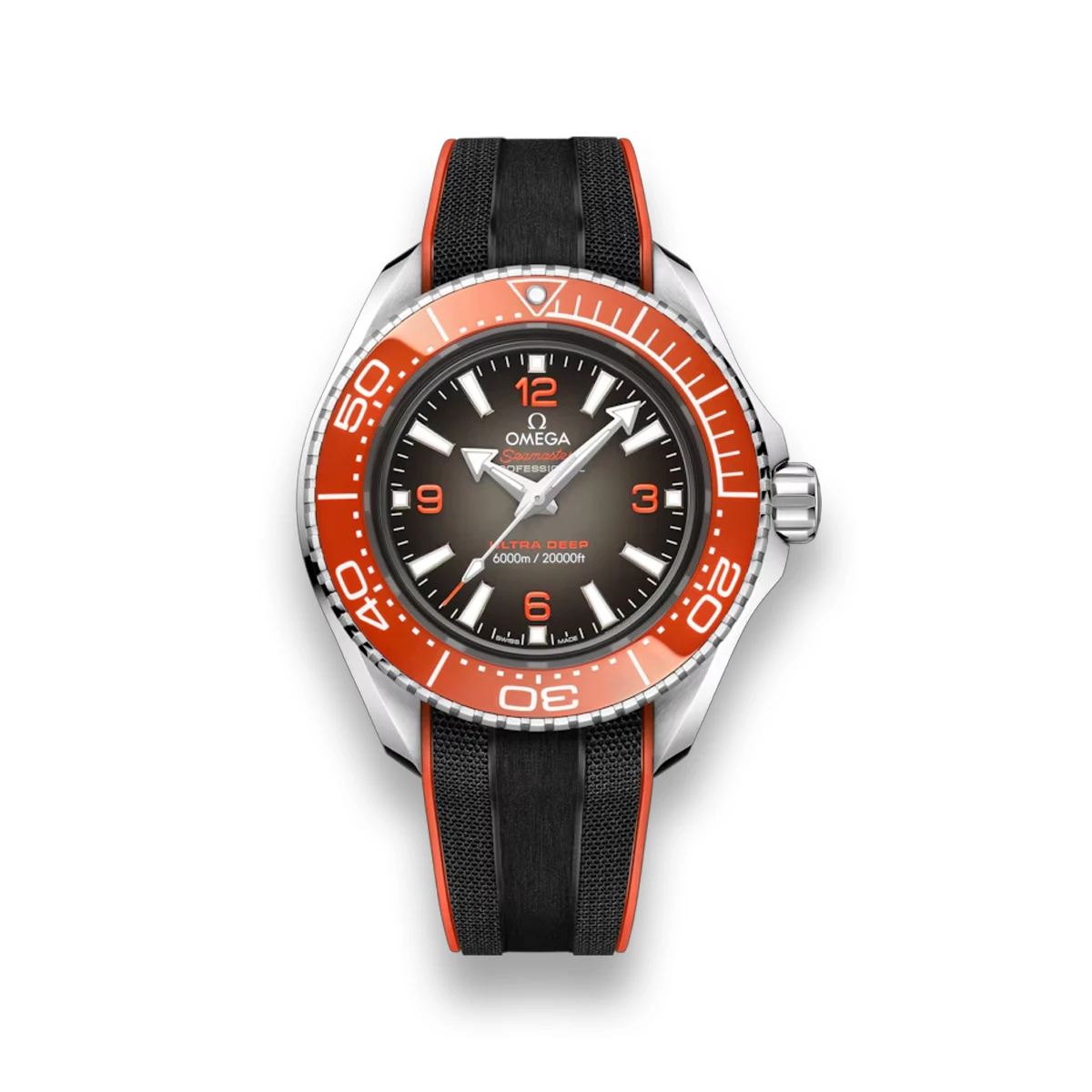 Omega Ultra Deep orange strap replica 215.32.46.21.06.001, gradient dial, orange bezel, black and orange strap