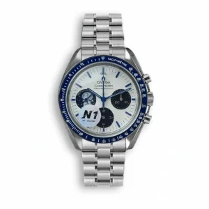 Omega Silver Snoopy replica 310.32.42.50.02.001, silver dial with Snoopy at 9, blue bezel, bracelet, sticker on the crystal