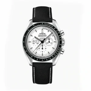 Omega Snoopy watch replica 311.32.42.30.04.003, white dial with Snoopy in the left counter, black bezel, fabric strap