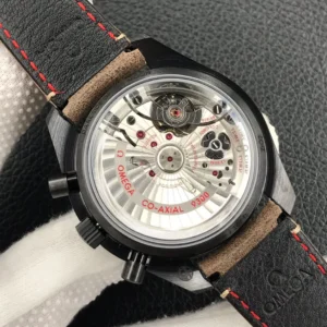 Display caseback with red rotor lettering, strap lining with red stitching