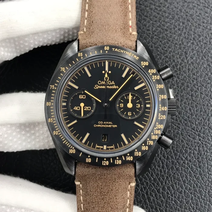 Speedmaster Dark Side of the Moon 311.92.44.51.01.006 on its brown suede strap