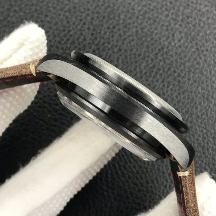 Left flank of the black case and the edge of the brown strap