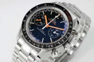 Close-up of the blue dial, date window at 6 and the minute track