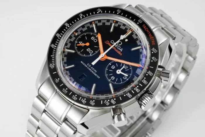 Close-up of the blue dial, date window at 6 and the minute track