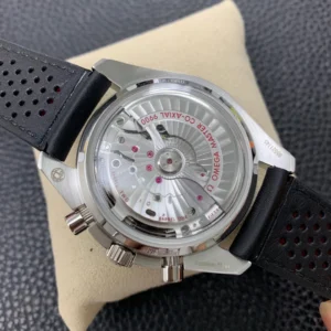 Display caseback with red lettering, perforated strap on both sides