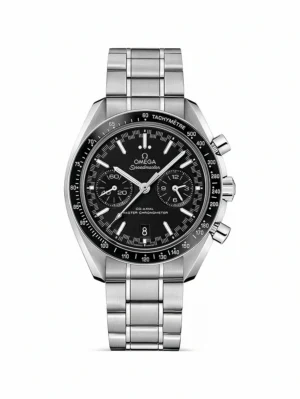 Omega Speedmaster Racing black dial replica 329.30.44.51.01.001, white hands, date at 6, black bezel, link bracelet
