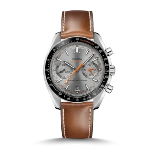Omega Speedmaster Racing brown strap replica 329.32.44.51.06.001, grey dial, orange hands, black tachymeter bezel