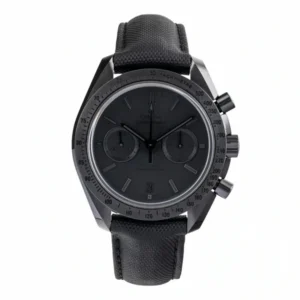Omega Speedmaster replica 311.92.44.51.01.005, studio front view of the chronograph on a textured fabric strap