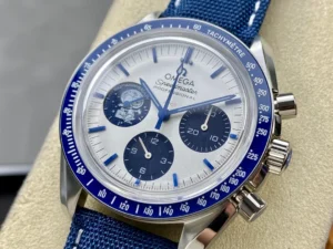 Dial at an angle, blue tachymeter bezel and silver tone case