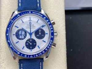 Speedmaster Silver Snoopy 310.32.42.50.02.001 on blue strap, front
