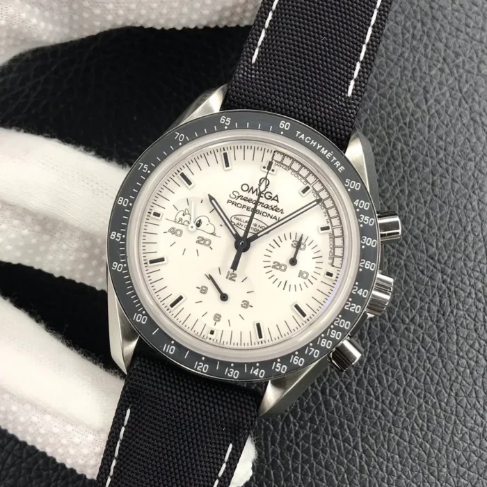 Dial at a slight angle on the black fabric strap