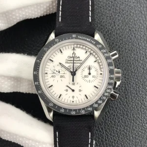 Full front view with the dark grey tachymeter bezel and black strap