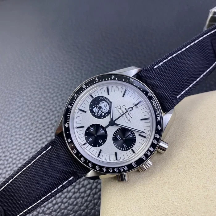 Snoopy figure in the left counter, black tachymeter bezel