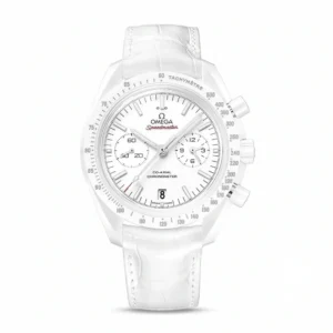 Omega White Side of the Moon replica 311.93.44.51.04.002, white case and dial, red Speedmaster script, white leather strap