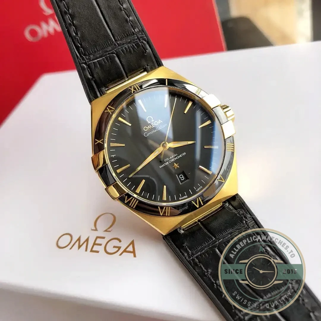 Complete front view showing yellow gold dial and bezel ring